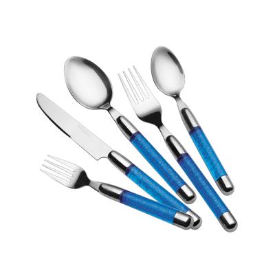 China Sustainable Blue Plastic Flat Handle Stainless Steel Dinnerware for sale