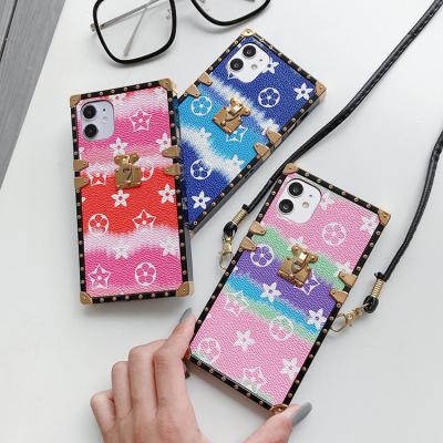 China Popular Brand PU Back Cover Fashion Phone Case Square Luxury Leather Case Waterproof For iPhone 13 12 pro X Max XS XR 6 7 8 plus Cover for sale