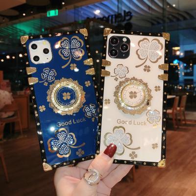 China Luxury Square Ring Back Shockproof Fashion Rhinestone Flower Phone Cover Case For iPhone 13 12 11 pro XR Max XS 8 7 plus designer Cover for sale