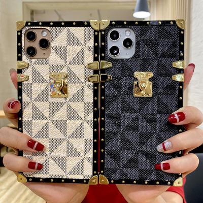 China Luxury Fashion PU Leather Geometric Square Vintage Lattice Leather Phone Case For iPhone 13 12 11 Pro X XR XS 8 7 Max Cover for sale