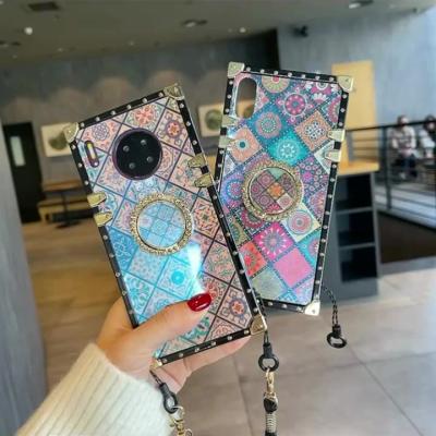 China Custom Luxury Painting Leather Chain Shockproof Aesthetics Square TPU Phone Case Back Cover For iPhone 6 7 8 xs x 11 12 13 pro max for sale