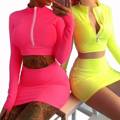 China Summer Selling Breathable Hot Full Sleeve Crop Top Skirt Sets Solid Color Two Piece Set Boutique Clothing for sale