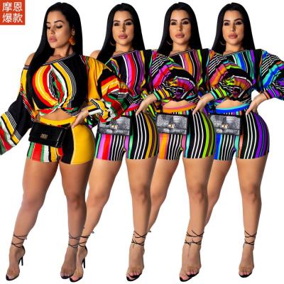 China Anti-Static S--2019 New Arrival Q220 Women's Multicolor Striped Printed Long Sleeve Shorts Fashion Two Piece Sets for sale