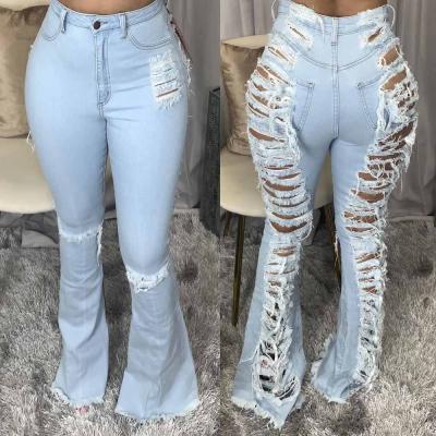 China Anti-wrinkle drop shipping top sale fashion rocket trend bell bottom distressed denim ripped denim women for sale