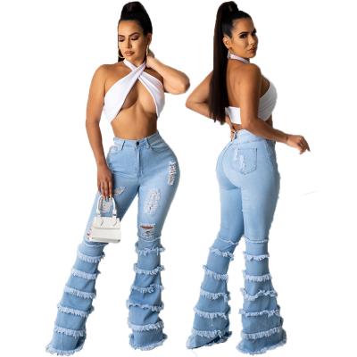 China Drop shipping viable jaqueta jeans peel jeans women shape fashion trend wash hole stitching solid color bell tight elastic pants for sale