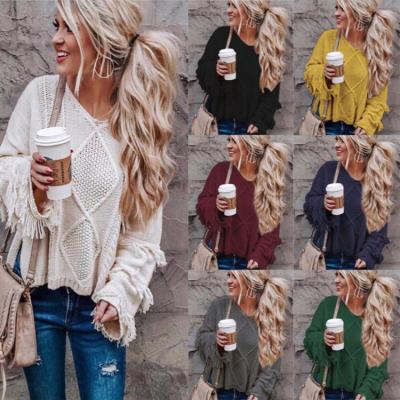 China 2021 casual anti-shrink upper plus size oversized loose knit winter crew neck knitted women's plain sweaters style woman fringe sweater new for sale