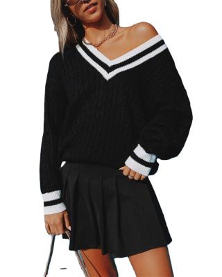 China Autumn And Winter Ladies New V-Neck Sweater Breathable British Style Sweater Black And White Contrast Loose Casual Sweater for sale