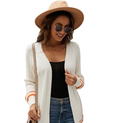 China New autumn and winter contrast color mid length cardigan breathable casual yarn core-spun jacket for sale