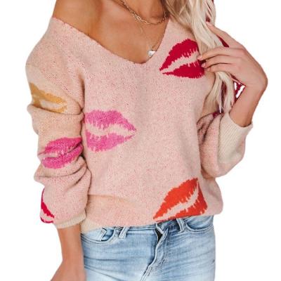 China Autumn And Winter KISS Lips V-Neck New Hollowed Yarn Sweater Breathable Sweater for sale