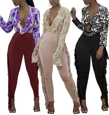 China 2021 Fashionable Stretch Pant Suits Best Selling Solid Color Drop Tassel Pants Women Tracksuit Casual High Waist Sportswear Pant Suits for sale