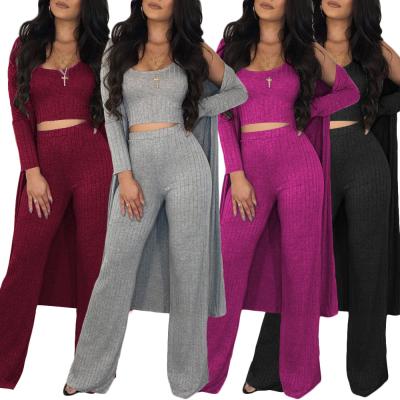 China Solid color 2022 viable 3xl casual plus size 3 piece knit set autumn sleeveless veat pants 3 piece set of cape coat women long sleeves for sale