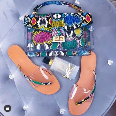 China Fashion matching lady's slippers and bag purse set fashionables snake print handbag and shoes for sale