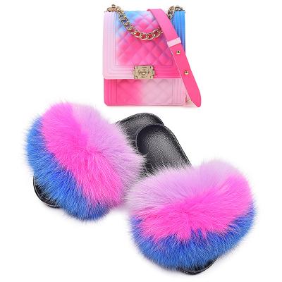 China Fashion Bamboo Bags Logo Custom Furry Slippers 2 Piece Set Jelly Handbag Pink Large Fur Slides and Purse Sets for sale