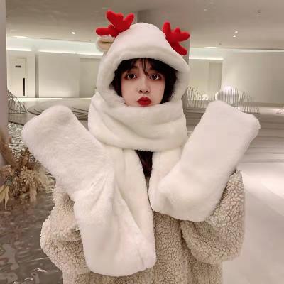 China All-in-one set of softly 2021 cute warm plush hat winter new scarf mittens hat for sale