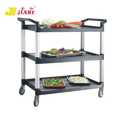 China Classic Equipment 3 Tiers Steel Folding Serving Restaurant Cart Flat Surface Plastic Food Serving Cart for sale