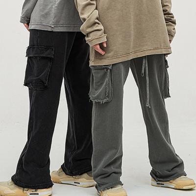 China 2021 Autumn New Scatter Edge Machining Pocket Straight Tube Anti-wrinkle Terry Washed Sweatpants Style High Street Lazy Pants for sale