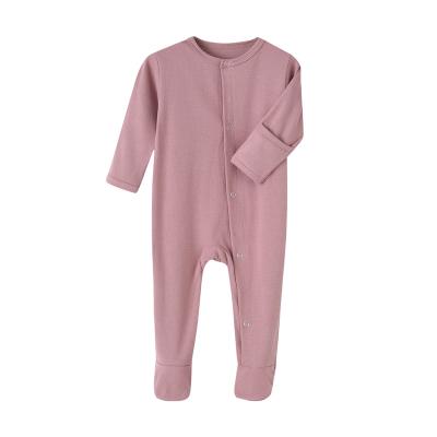 China Breathable Eco-friendly Wholesale One Piece Ribbed Fabric Baby Rompers Side Opening With Button White Color Baby Snap Clothes With Mittens for sale