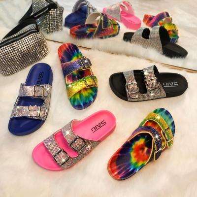 China New Arrival Multi Color Double Strap Breathable With Buckle Sandals Women Shining Diamonds Women Slippers for sale