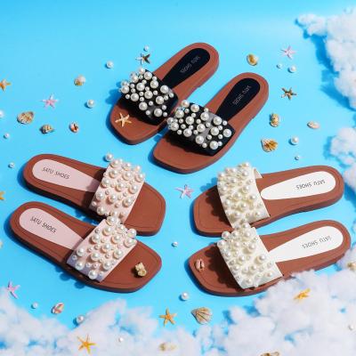 China Famous Branded Women Waterproof Bead Sandals Fashion Party Elegant Summer Pearl Flip Flops Slip On Slippers for sale