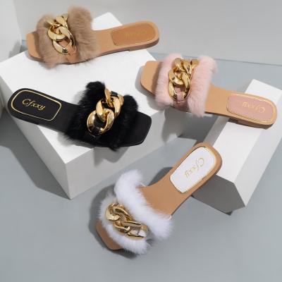 China Fashion Trend Fur Slippers Women Chains Elegant Place-toe Sandals Mules Shoes Madame Fluffy Flat Sandals Sandals for sale