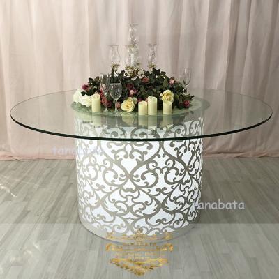 China Titanium Gold (Other) Metal Base Tempered Glass Adjustable Top Around Stainless Steel Dining Table for sale