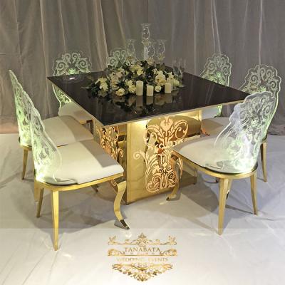 China Adjustable Luxury Mirror Glass Top (Other) Cut Out Stainless Steel LED Light Square Wedding Dining Table for sale