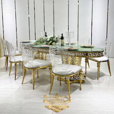 China (Other) Furniture Oval Shape Gold Adjustable Led Glass Top Metal Led Gold Frame Dining Table for sale