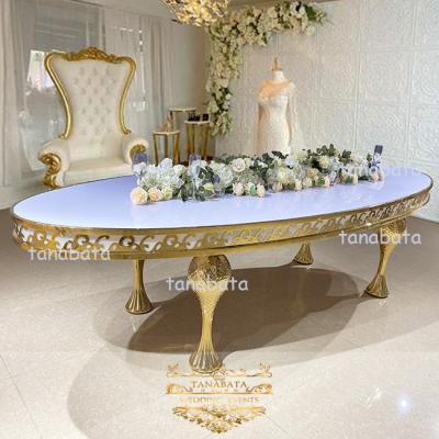 China New Design Wedding Ceremony MDF Gold Top Oval Metal Adjustable Banquet Center Table (Other) for sale