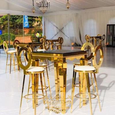 China Modern Outdoor Stainless Steel Frame Gold Party Bar Glass Top Cocktail Table for sale