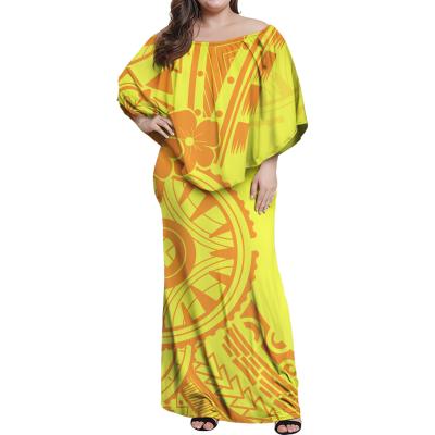 China Hibiscus Print Elegant Women's Yellow Anti-Static Casual Dress Maxi Elegant Women Dresses Polynesia Maxi Dresses Women Wholesale Golden for sale