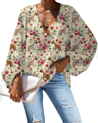 China Anti-pilling Wholesale Price Customize Your Design Chiffon Shirt Dog Flowers Blouses Women Casual Loose V-Neck Boxer Ladies Broken Print Ladies for sale