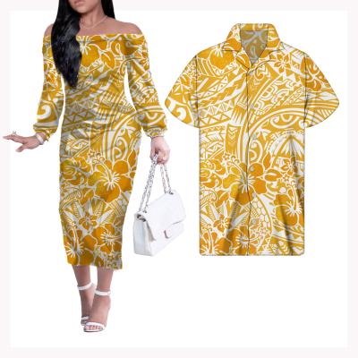 China Breathable Wholesale Casual Women Polynesian Tribal Shirts Men Breathable Wholesale Bodycon Long Sleeve Flower Print Couples Clothing Set Custom for sale