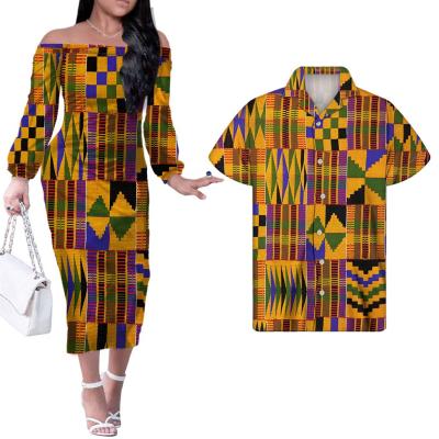 China African QUICK DRY Kente Print Dresses for Women Sheath Long Off Shoulder Bodycon Office Casual Pencil Dress with Couples Shirts for sale