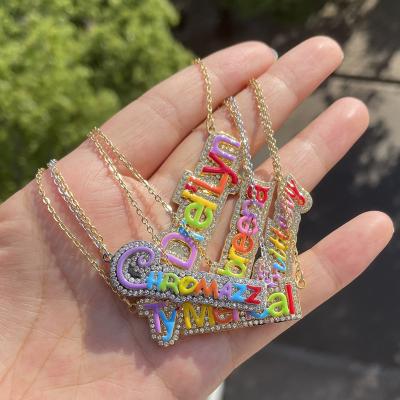 China Custom Fashion Qiuhan ODM Schmuck Stainless Steel Double PVD Rhinestone Enamel Colorful Name Necklace for sale