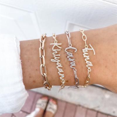 China Custom Name Bracelet 2021 New Cute Alloy Pave Zircon Name Bracelet Script Letter Personality Nameplate Bracelet Pendant Jewelry Gift for sale