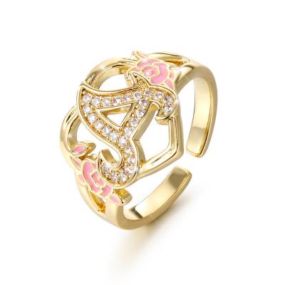 China Exquisite Appearance QIUHAN Dropshipping Personalized Enamel Flower A-Z Letter Rings Custom Initials Adjustable Ring for sale