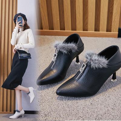 China Fashion Women Winter Light Luxury Fur Ankle PU High Heels Leather Boots For Ladies for sale