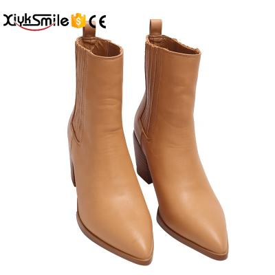 China Hot sale women's pointed toe khaki ankle boots waterproof retro heel deep elastic women's shoes simple fashion boots for sale