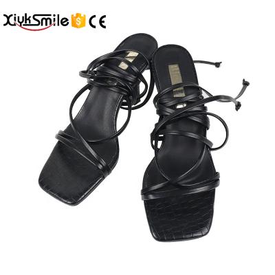 China Around 2022 spring and summer fashion black classic women's CIS lace-up high-heeled shoes sandals for sale