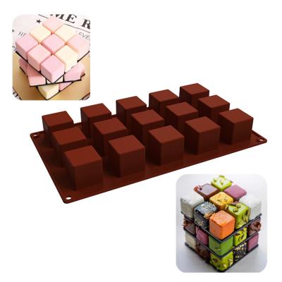 China Disposable Non-Stick Candy Molds Rubik's Silicone Building Square 15 Cavity 15 Cube Cake Mousse Baking Molds Chocolate Truffle Cookie for sale