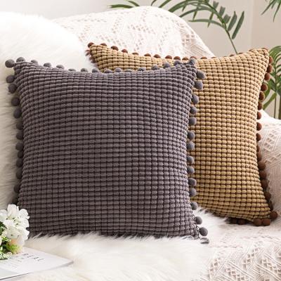 China New Design 18*18 Pom Pom Pillow Case Home Sofa Decor Corduroy Cushion Cover Wholesale Anti-static Pillow Cover Corduroy Cushion Cover for sale