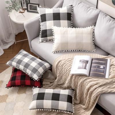 China New Christmas Pompom Geometric Canvas Pillow Case Anti-Static Customized Canvas Pillow Case Plaid Cushion Cover Farmhouse Pillow Cover for sale