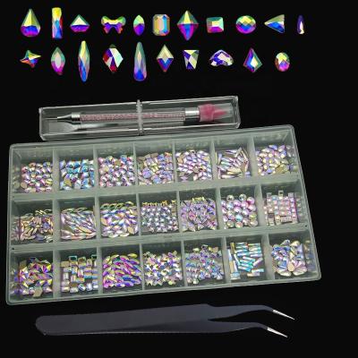 China Flatback 2100pcs K9 Shaped Glass Nail Crystal Rhinestones With Wax Pen Kit Bulk Crystal ab Fake Stone Nail for sale