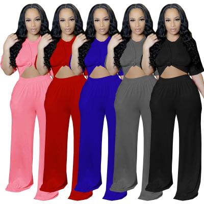 China QUICK DRY casual loose solid crop top and panty sets wide leg pants women two piece sets fashionable women for sale