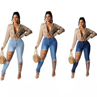 China 2021 Bestselling Fashion Size 3xl Breathable Tight Lace Up Jeans Highs Plus Size Pants Stacked Jeans Pants For Women for sale