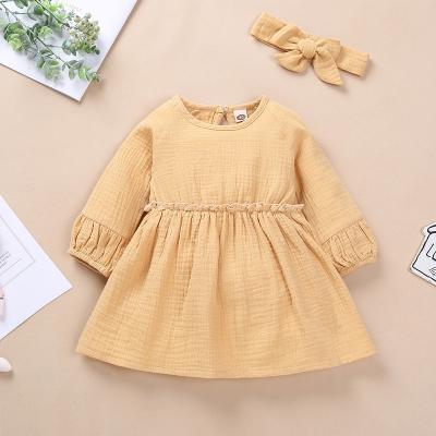 China Breathable spring new design girl clothes dress+hairband solid color girl dress for sale