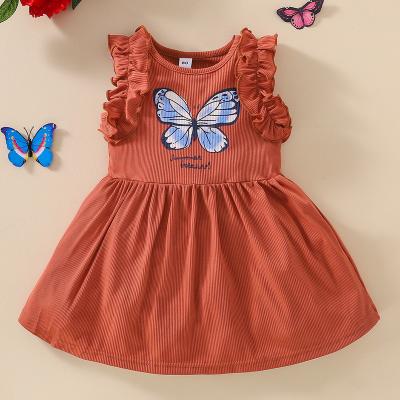 China O-NECK Summer Babies Casual Dress Sleeveless Dress Butterfly Ribbed Dress Clothes For Baby for sale