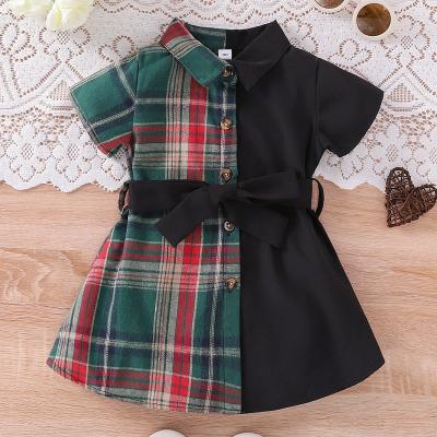 China O-NECK Babies Plaid Dress Summer Toddlers Short Sleeve Patchwork Casual Outfit for sale