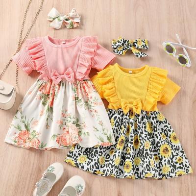 China O-NECK Summer Babies Dress Fly Sleeve Bow Decoration Floral Printing Casual Outfits For Toddler Baby for sale