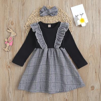 China Girls clothes skirt ruffle plaid dress+headband breathable casual girls clothing dress for sale